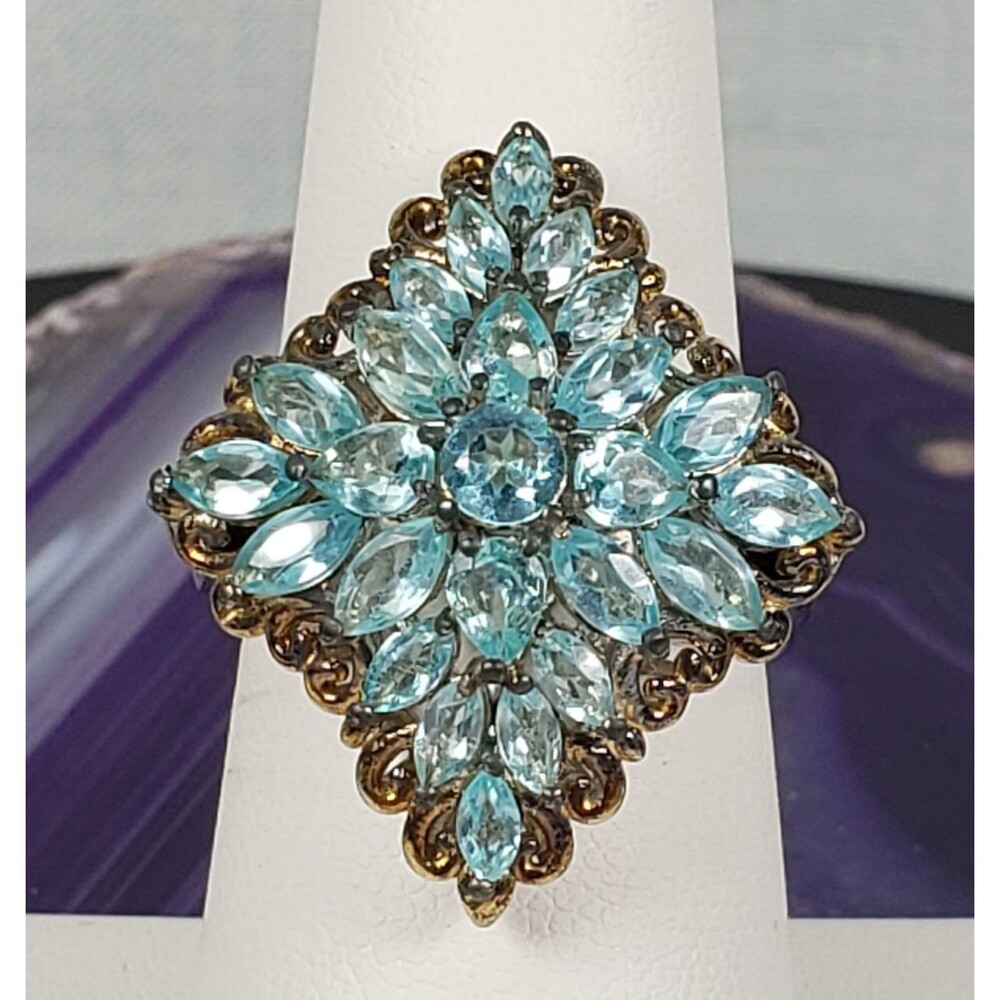 Vtg Signed STS 925 Apatite Aquia Marquise Cut Stone Cluster Cocktail Ring Size 7